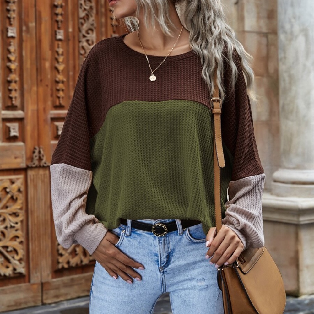 oversized color block knit waffle long sleeve top - Picture 2 of 11